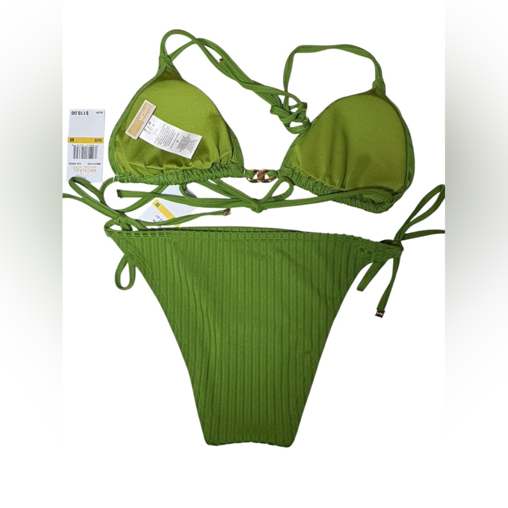 Michael Kors Olive Green Ribbed Triangle Bikini Set Medium - Picture 4 of 6